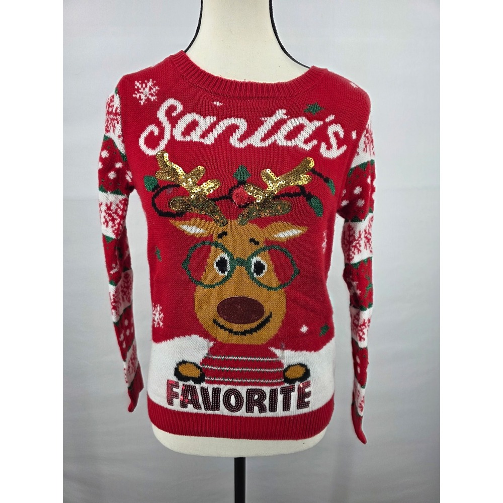 No Boundaries Womens Santa's Favorite Reindeer Ugly Christmas Sweater Red Small